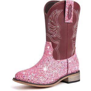 ⚡Girls Pink Sequins Embroidered Cowgirl Boots Western Square Toe Mid Calf